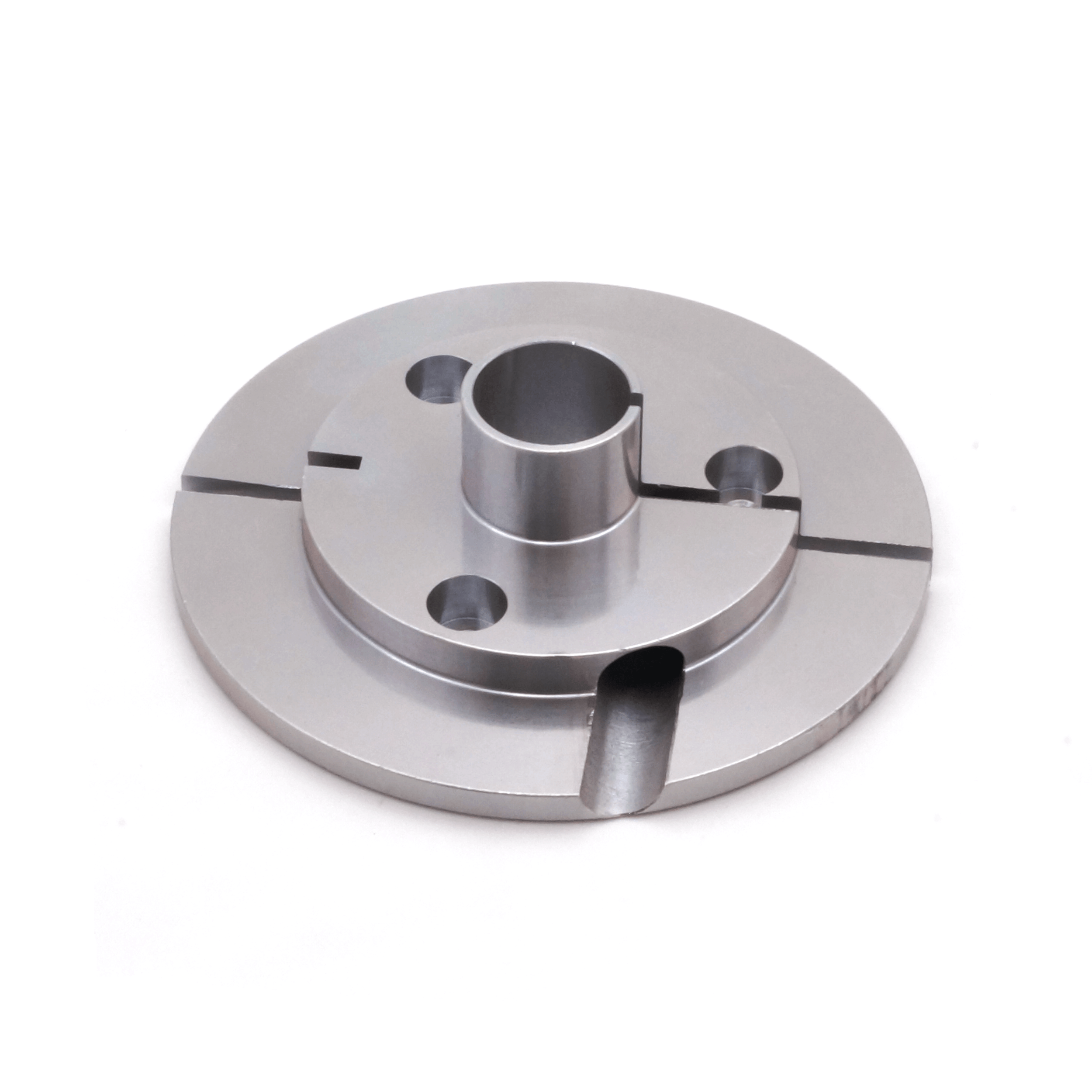 2-1/2 round 6061-T6 aluminum, cross tapped, tight bore, counterbored bolt circle, slotted, Alodine plated