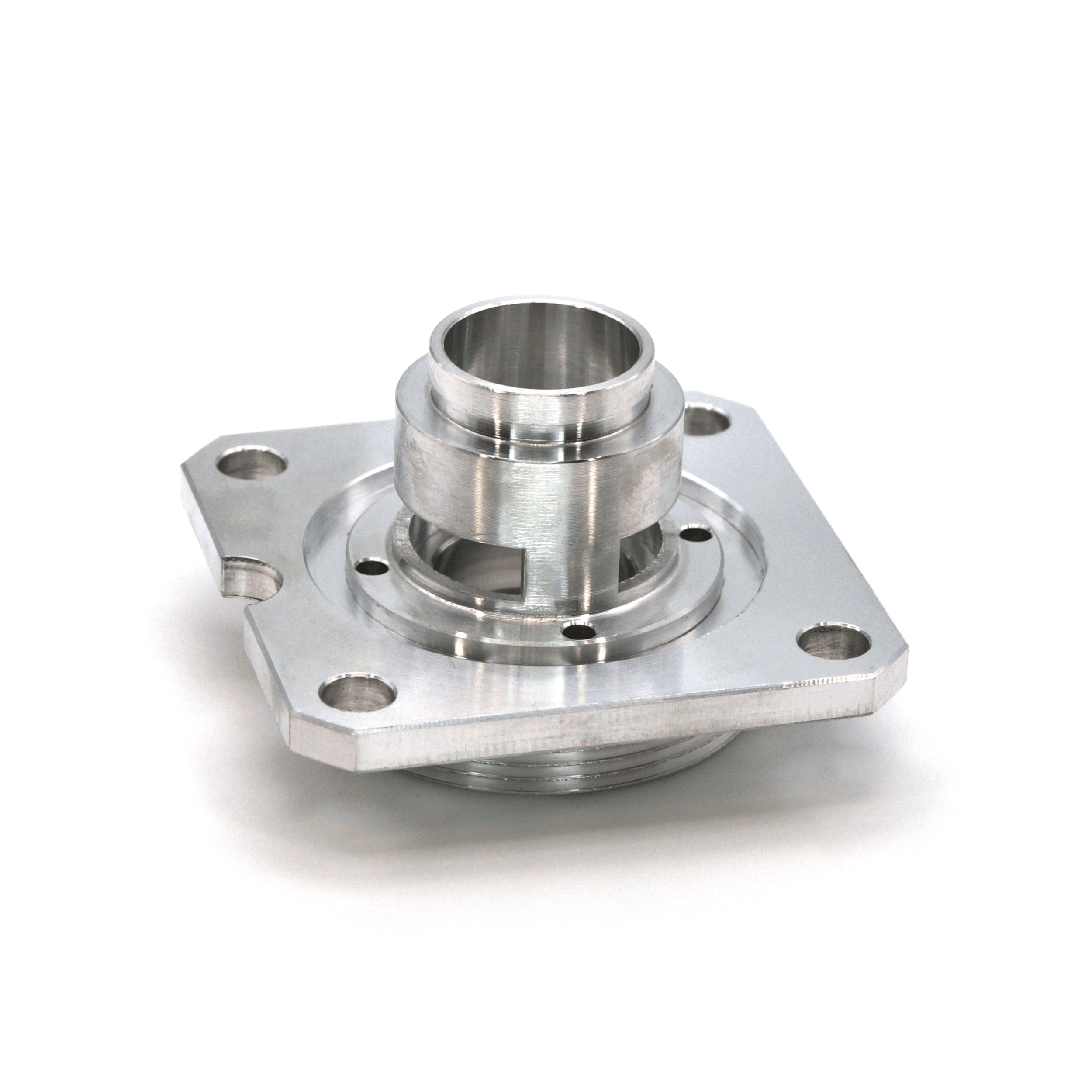 1-1/2 square 6061-T6 aluminum, turned, milled slots, drilled bolt circle, O-ring groove